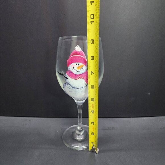 Hand Painted Pink Snowman Stemmed Wine Glass Winter Christmas 9'' Tall - Picture 4 of 5
